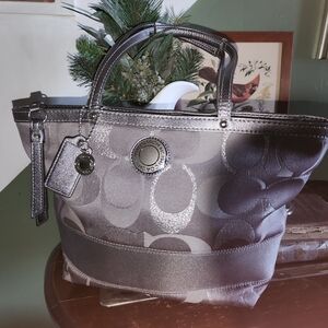 Coach F20429 Gray Silver Signature Canvas Tote Shoulder Bag